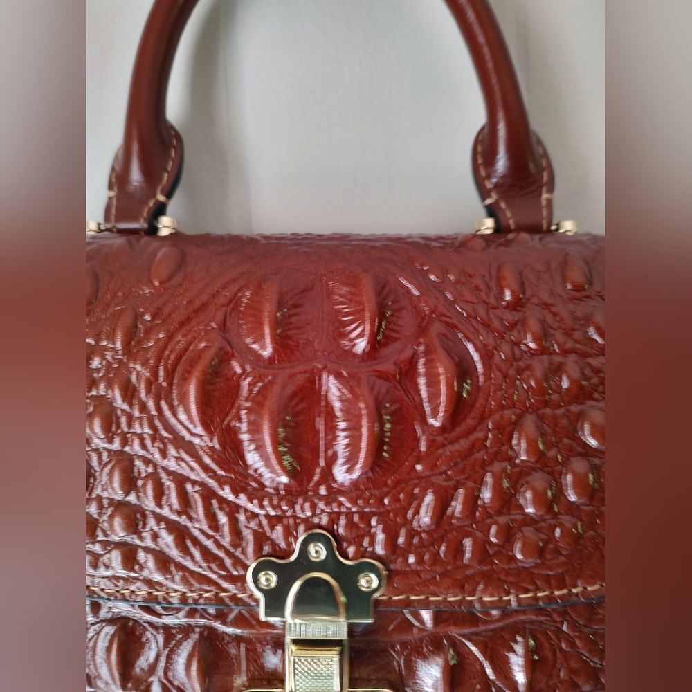 Brown Structured Crocodile Pattern Leather Handba… - image 2